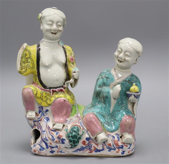 A Chinese qianlong polychrome porcelain group of two figures height 21cm